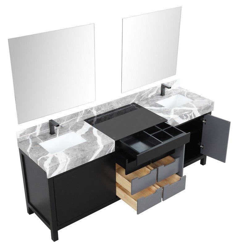 Zilara Transitional Black and Grey 84" Double Vanity Set, Balzani Gun Metal Faucet Set | LZ342284DLISM34FBG