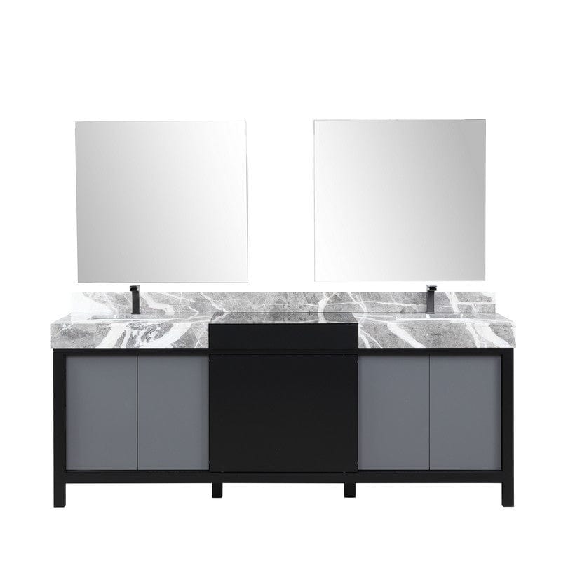 Zilara Transitional Black and Grey 84" Double Vanity Set, Balzani Gun Metal Faucet Set | LZ342284DLISM34FBG