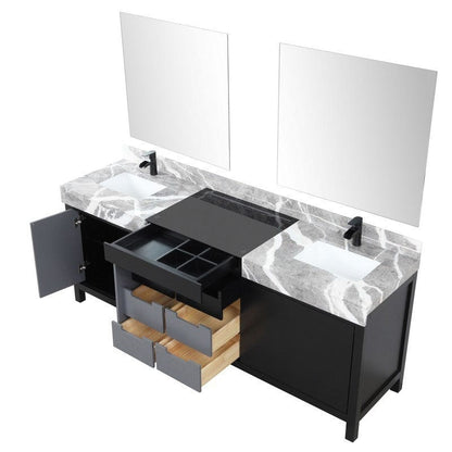 Zilara Transitional Black and Grey 84" Double Vanity Set, Cascata Nera Matte Black Faucet Set | LZ342284DLISM34FCM