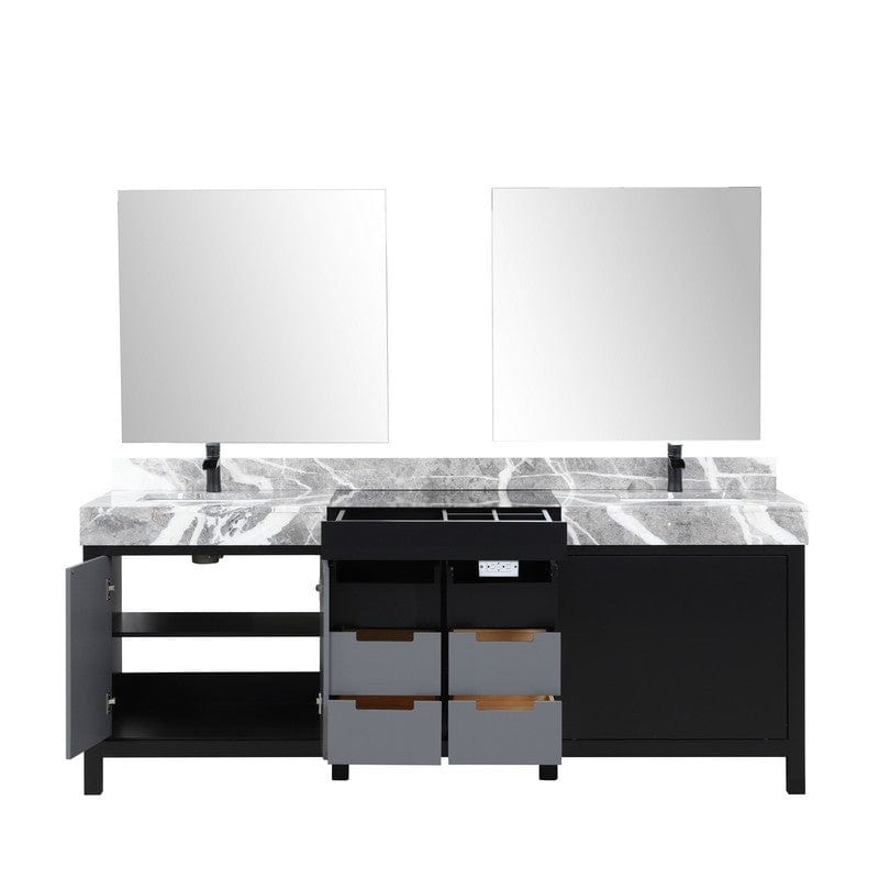 Zilara Transitional Black and Grey 84" Double Vanity Set, Cascata Nera Matte Black Faucet Set | LZ342284DLISM34FCM