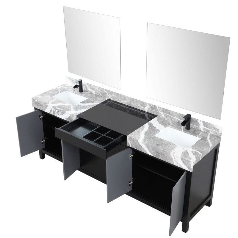 Zilara Transitional Black and Grey 84" Double Vanity Set, Cascata Nera Matte Black Faucet Set | LZ342284DLISM34FCM