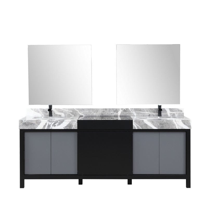 Zilara Transitional Black and Grey 84" Double Vanity Set, Cascata Nera Matte Black Faucet Set | LZ342284DLISM34FCM