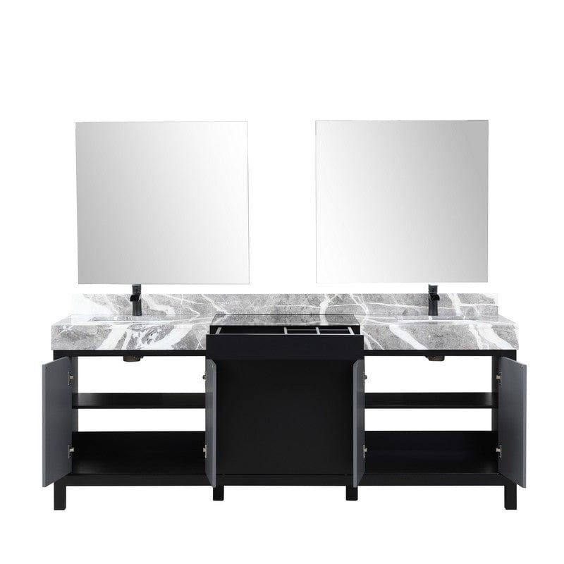 Zilara Transitional Black and Grey 84" Double Vanity Set, Cascata Nera Matte Black Faucet Set | LZ342284DLISM34FCM