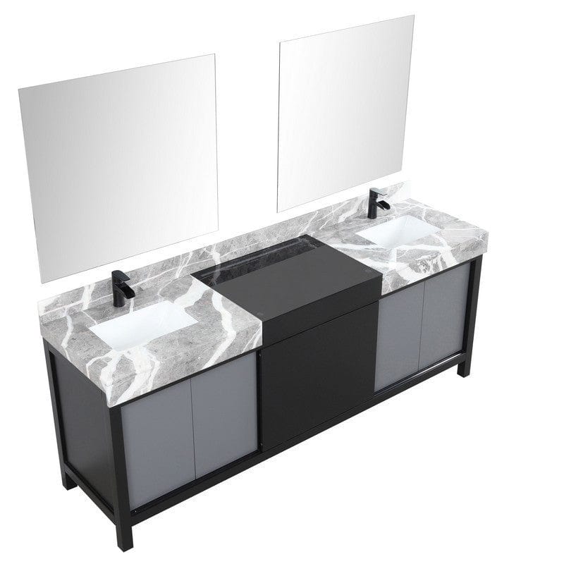 Zilara Transitional Black and Grey 84" Double Vanity Set, Cascata Nera Matte Black Faucet Set | LZ342284DLISM34FCM