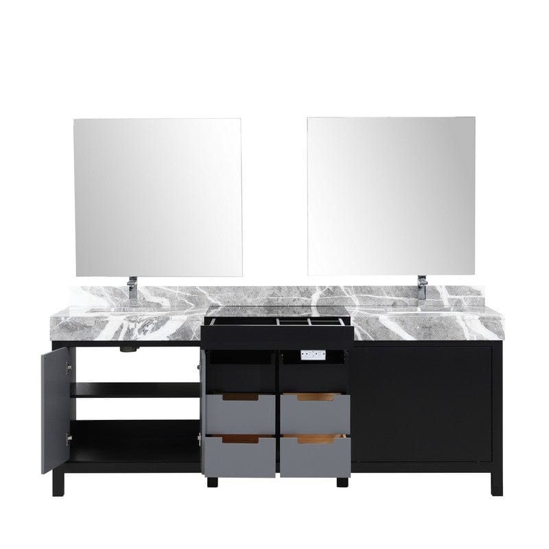 Zilara Transitional Black and Grey 84" Double Vanity Set, Monte Chrome Faucet Set | LZ342284DLISM34FMC