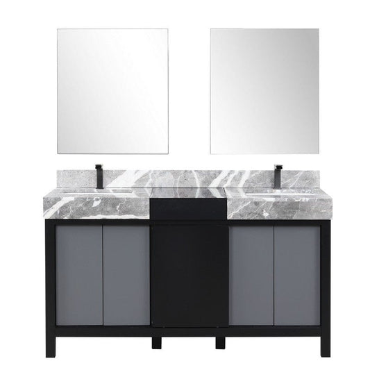 Zilara Transitional Black and Grey Double 60" Vanity Set, Balzani Gun Metal Faucet Set | LZ342260DLISM28FBG