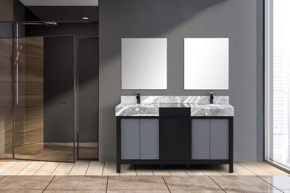 Zilara Transitional Black and Grey Double 60" Vanity Set, Cascata Nera Matte Black Faucet Set | LZ342260DLISM28FCM