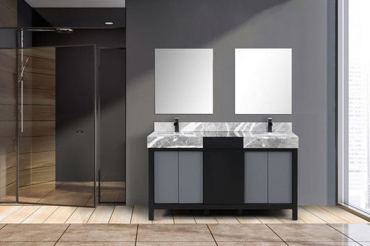 Zilara Transitional Black and Grey Double 60" Vanity Set, Cascata Nera Matte Black Faucet Set | LZ342260DLISM28FCM