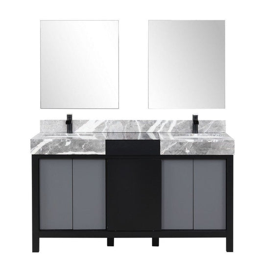 Zilara Transitional Black and Grey Double 60" Vanity Set, Cascata Nera Matte Black Faucet Set | LZ342260DLISM28FCM