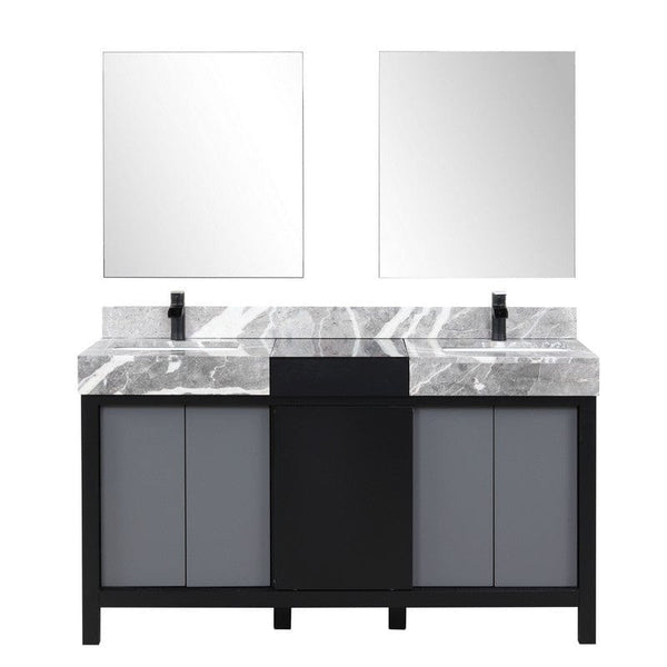 Zilara Transitional Black and Grey Double 60 Vanity Set, Cascata Nera Matte Black Faucet Set | LZ342260DLISM28FCM