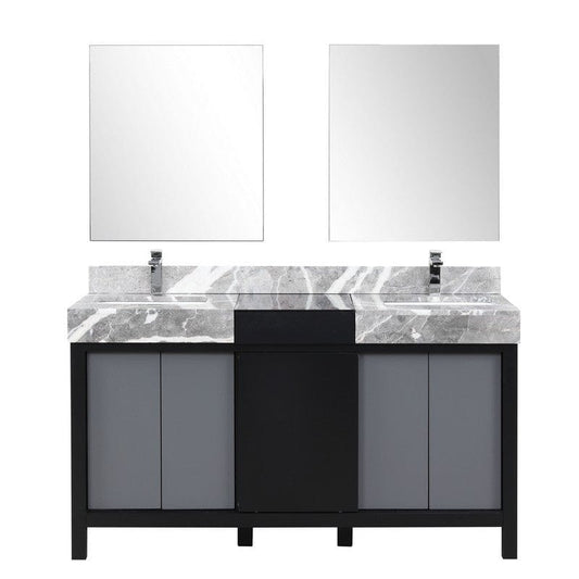 Zilara Transitional Black and Grey Double 60" Vanity Set, Monte Chrome Faucet Set | LZ342260DLISM28FMC