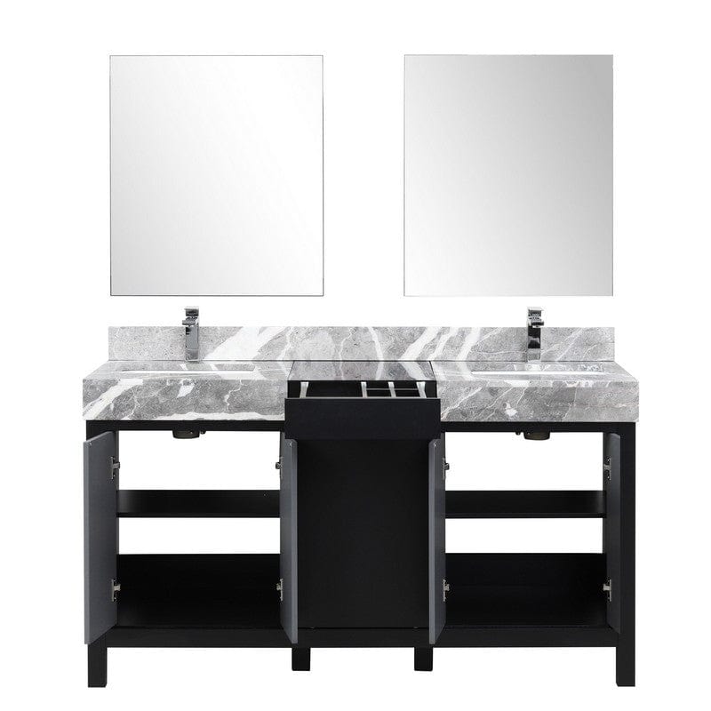 Zilara Transitional Black and Grey Double 60" Vanity Set, Monte Chrome Faucet Set | LZ342260DLISM28FMC