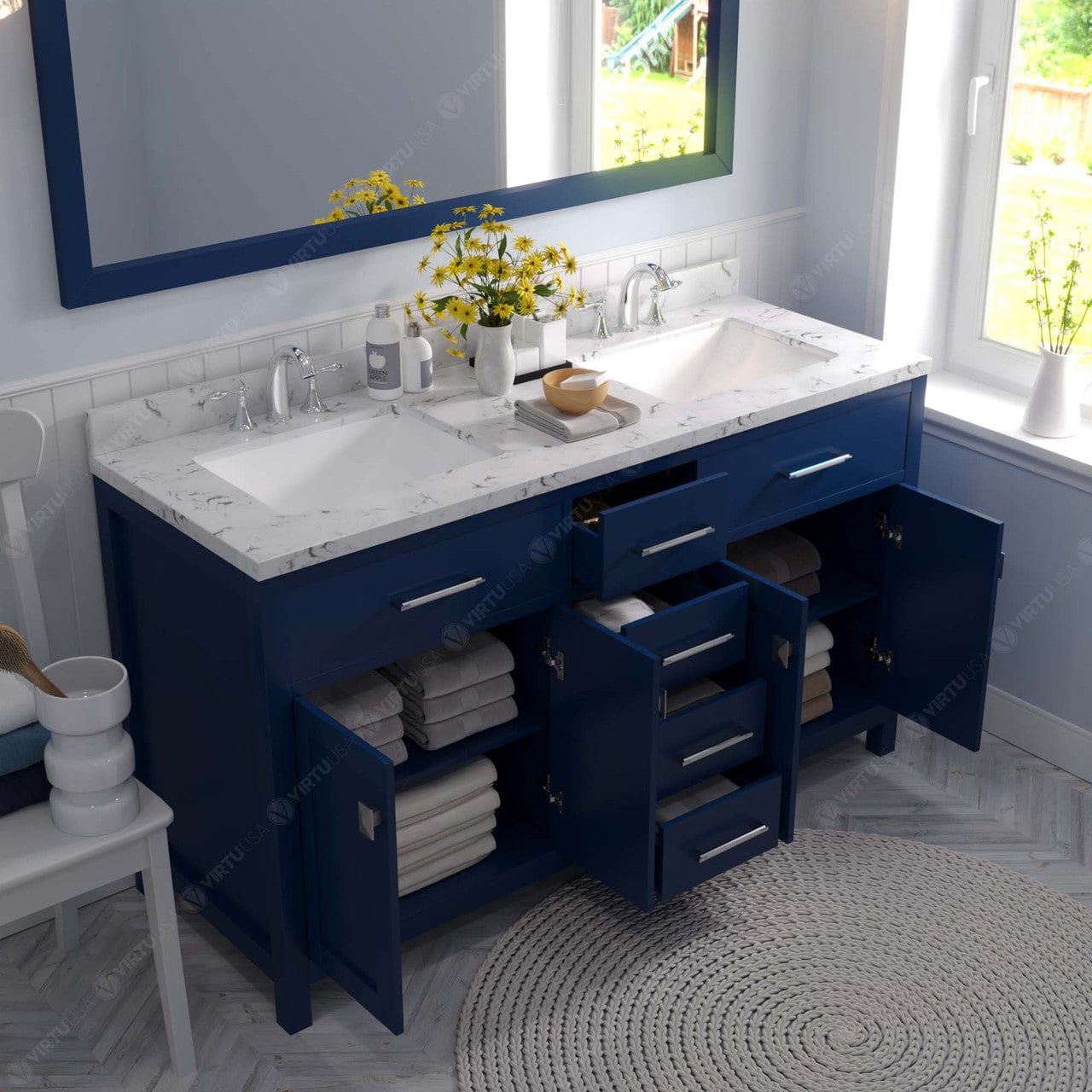 Caroline 60" Bath Vanity in French Blue with Marble Quartz Top drawers open