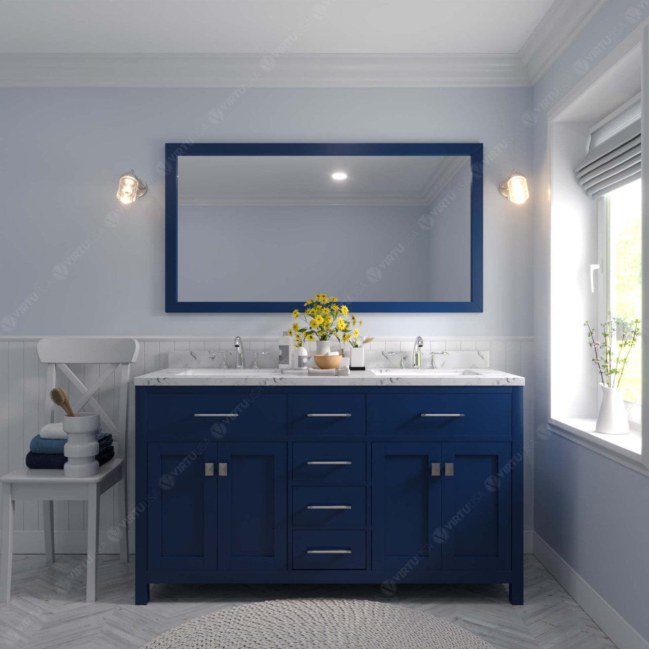 Caroline 60" Bath Vanity in French Blue with Quartz Top front view