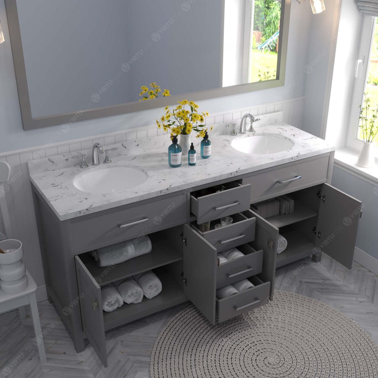 Caroline 72" Bath Vanity in Cashmere Gray with Marble Quartz Top drawers open