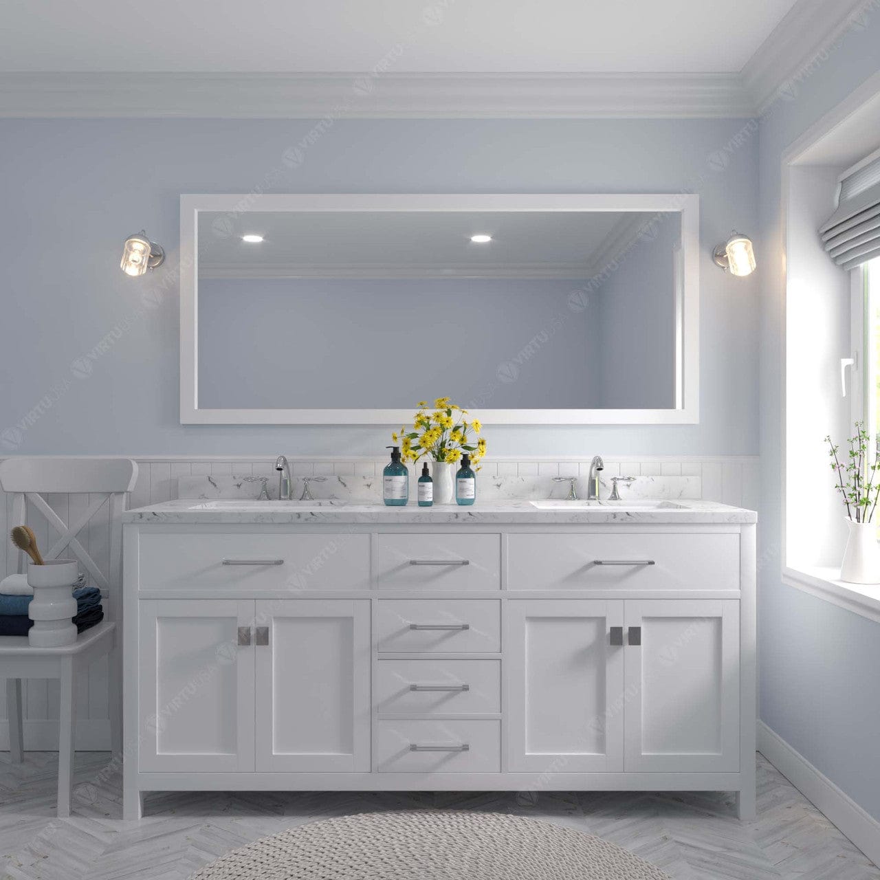 Caroline 72" Bath Vanity in White with Cultured Marble Quartz Top and Sinks front view