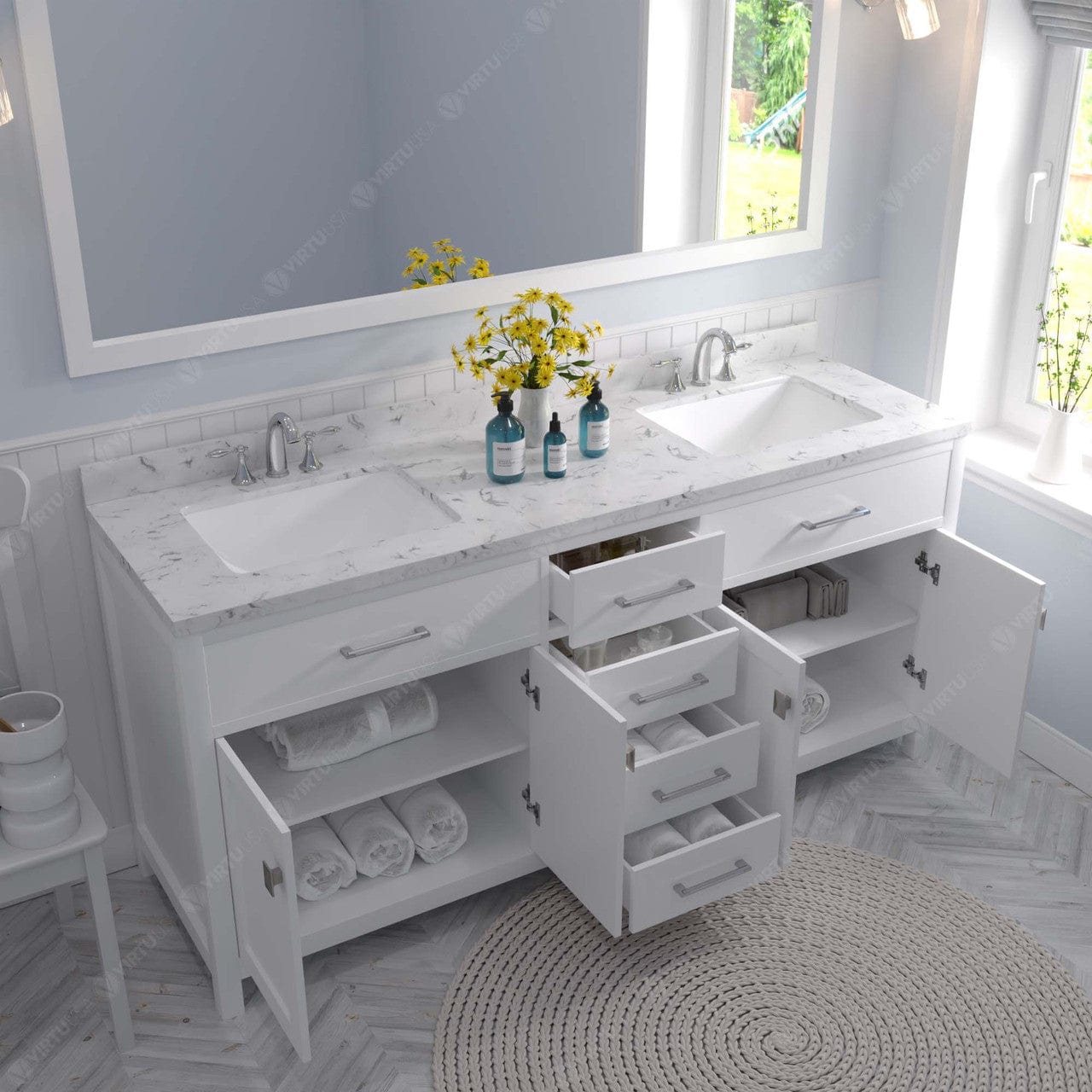Caroline 72" Bath Vanity in White with Cultured Marble Quartz Top and Sinks drawers open