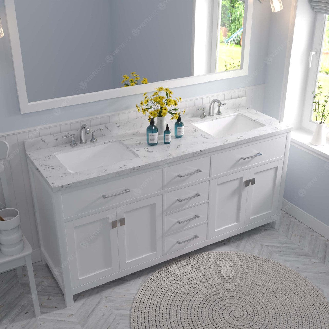Caroline 72" Bath Vanity in White with Cultured Marble Quartz Top and Sinks top view