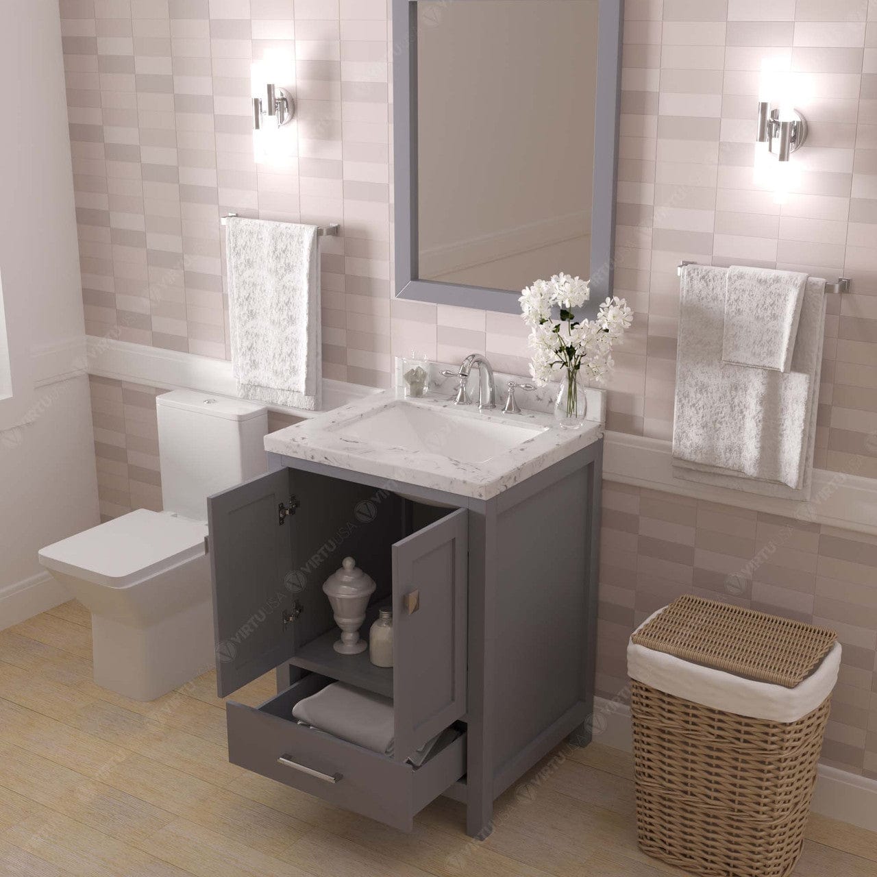 Caroline Avenue 24" Single Bath Vanity in Gray with White Quartz Countertop drawers open