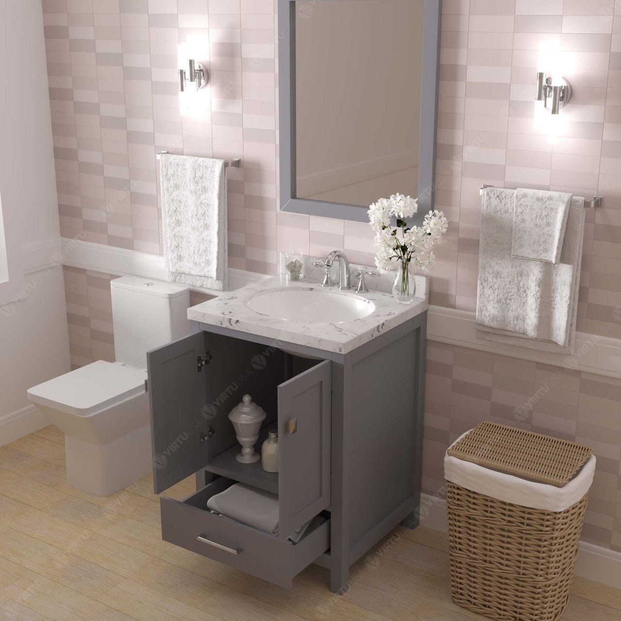 Caroline Avenue 24" Single Bath Vanity in Gray with White Quartz Top and Sink drawers open