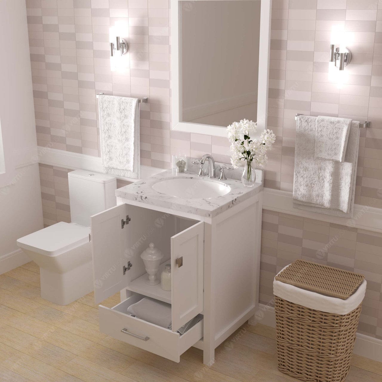 Caroline Avenue 24" Single Bath Vanity in White with White Quartz Top drawers open