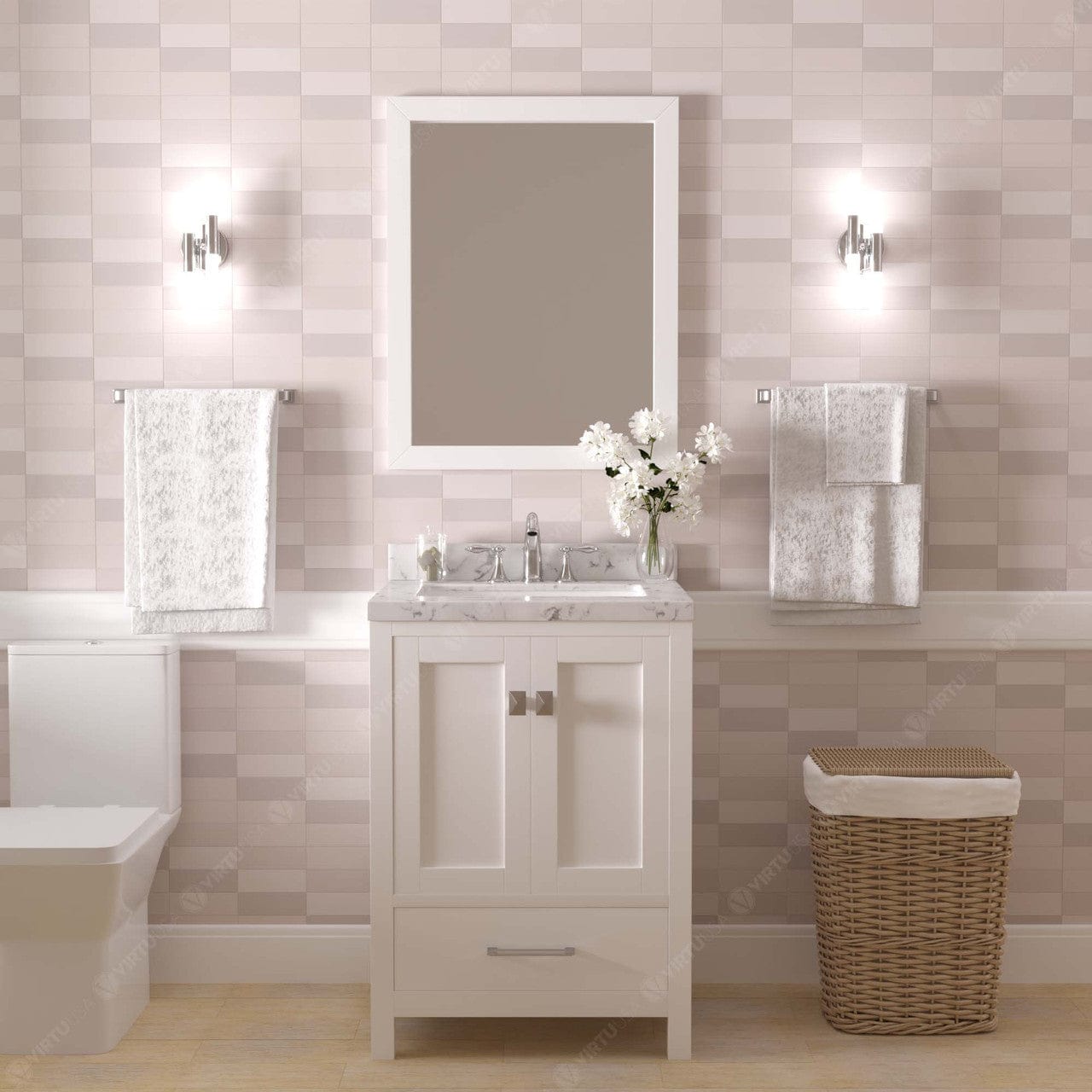 Caroline Avenue 24" Single Bath Vanity in White with White Quartz Top and Sink front view