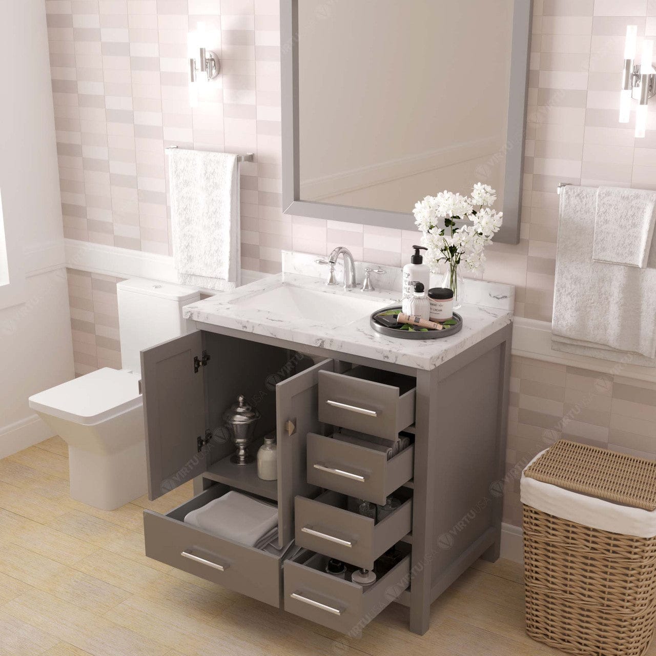 Caroline Avenue 36" Bathroom Vanity in Cashmere Gray with Quartz Top drawers open