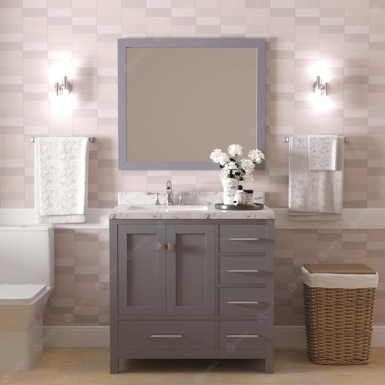 Caroline Avenue 36" Bathroom Vanity in Gray with White Quartz Top front view