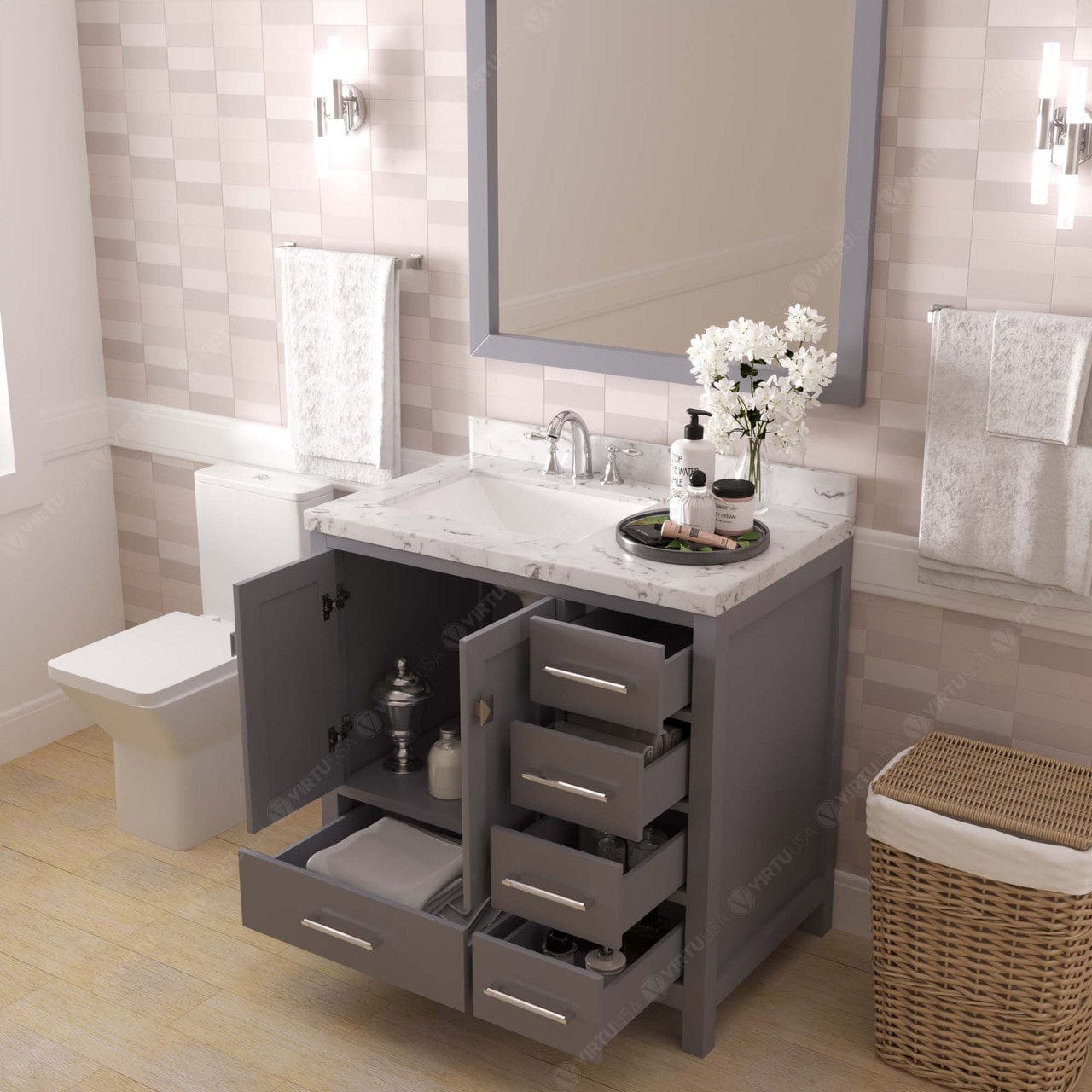 Caroline Avenue 36" Bathroom Vanity in Gray with White Quartz Top drawers open