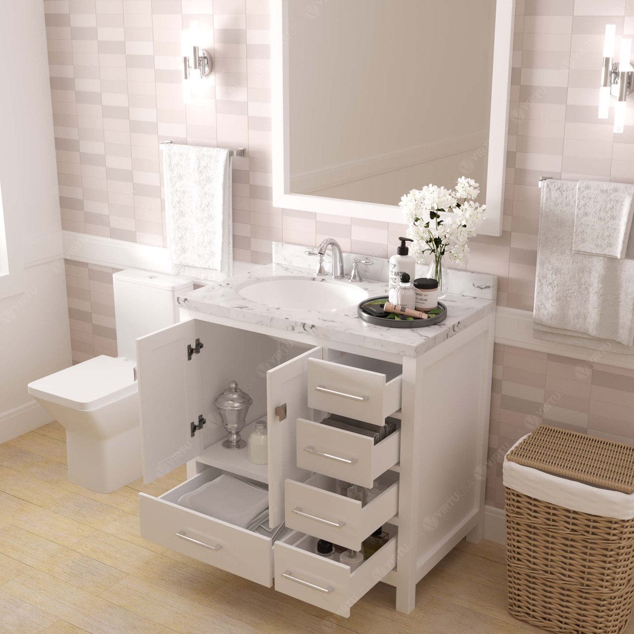 Caroline Avenue 36" Single Bath Vanity in White with White Quartz Countertop drawers open