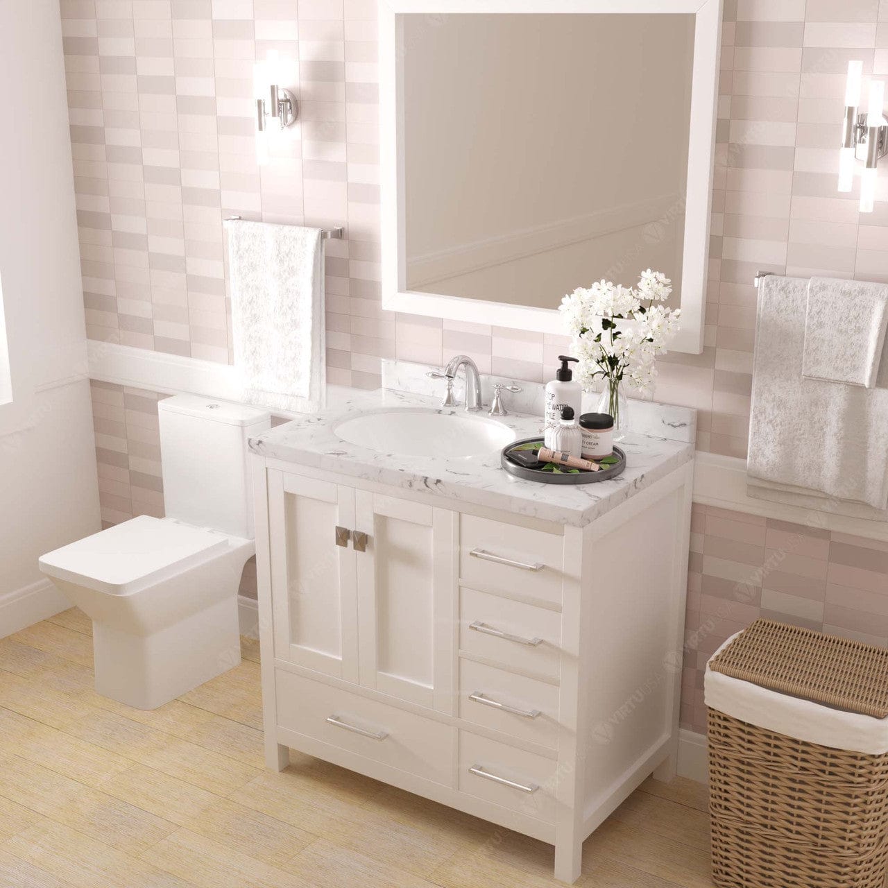 Caroline Avenue 36" Single Bath Vanity in White with White Quartz Countertop side view