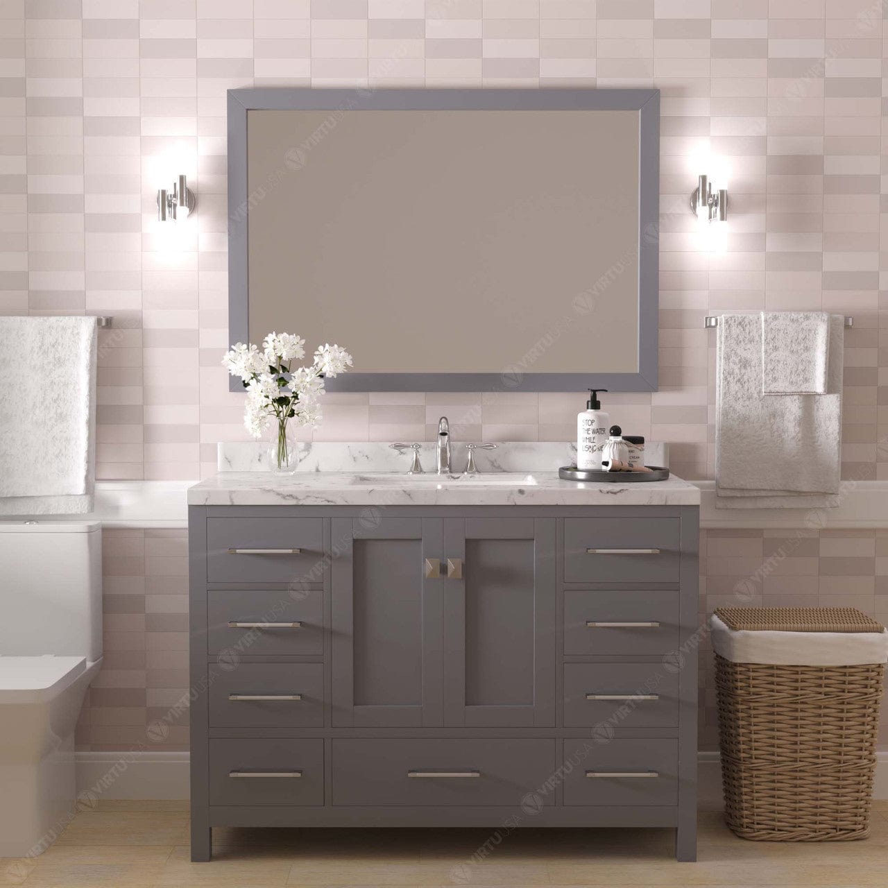 Caroline Avenue 48" Bathroom Vanity in Gray with White Quartz Top front view