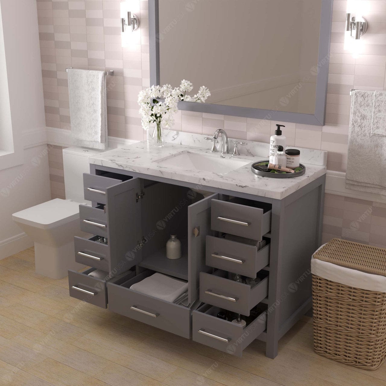 Caroline Avenue 48" Bathroom Vanity in Gray with White Quartz Top drawers open