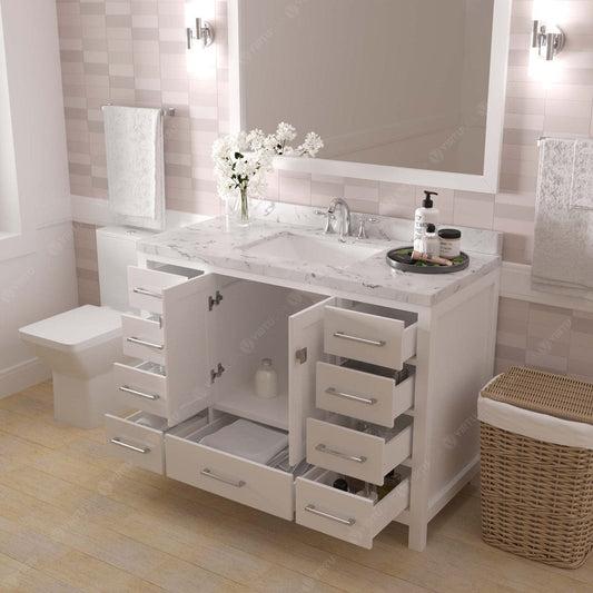 Caroline Avenue 48" Bathroom Vanity in White with White Quartz Countertop drawers open