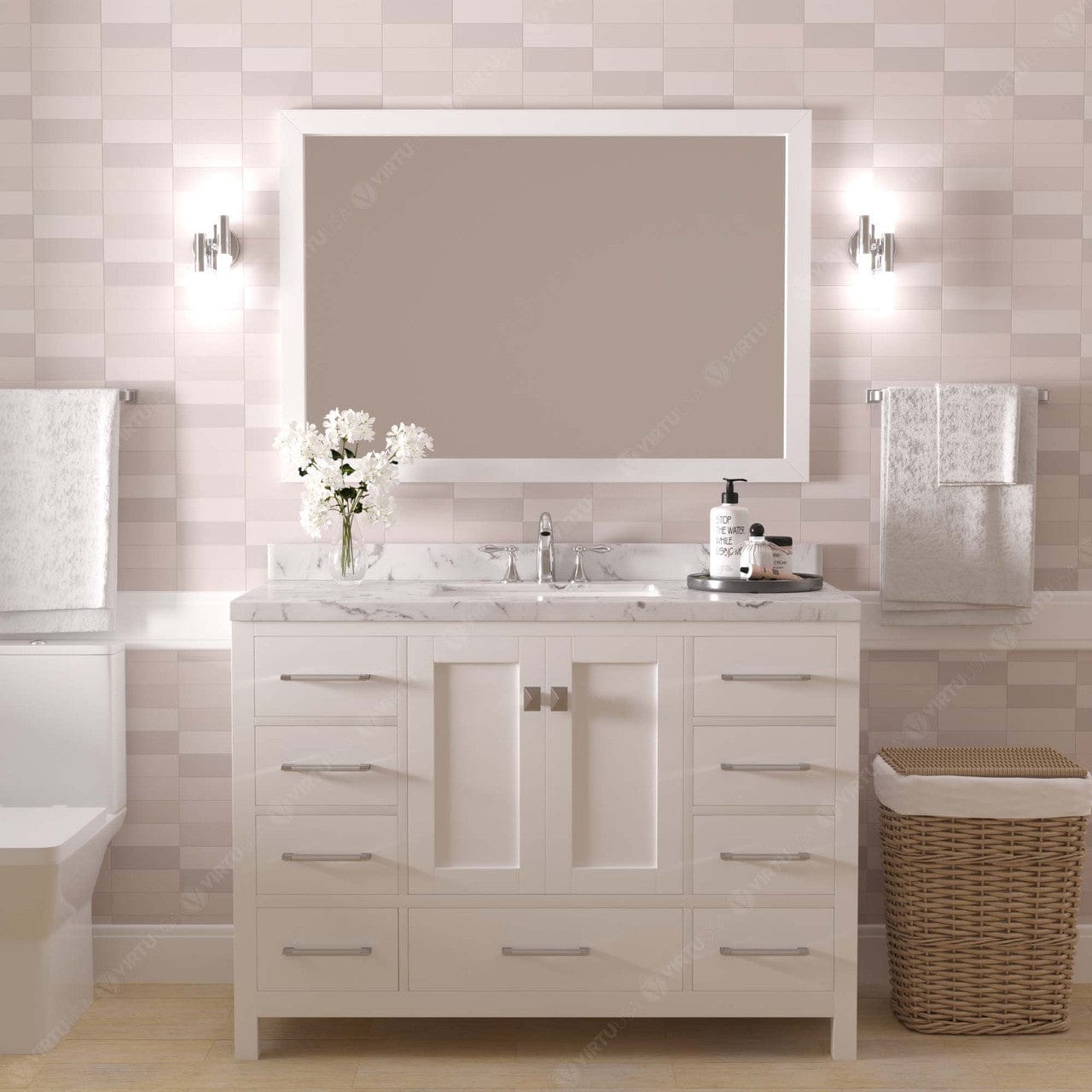 Caroline Avenue 48" Bathroom Vanity in White with White Quartz Countertop front view