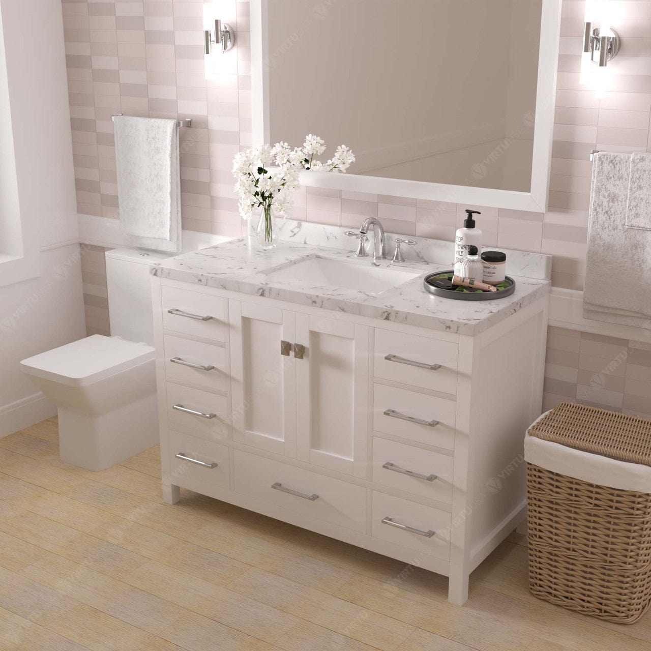 Caroline Avenue 48" Bathroom Vanity in White with White Quartz Countertop side view