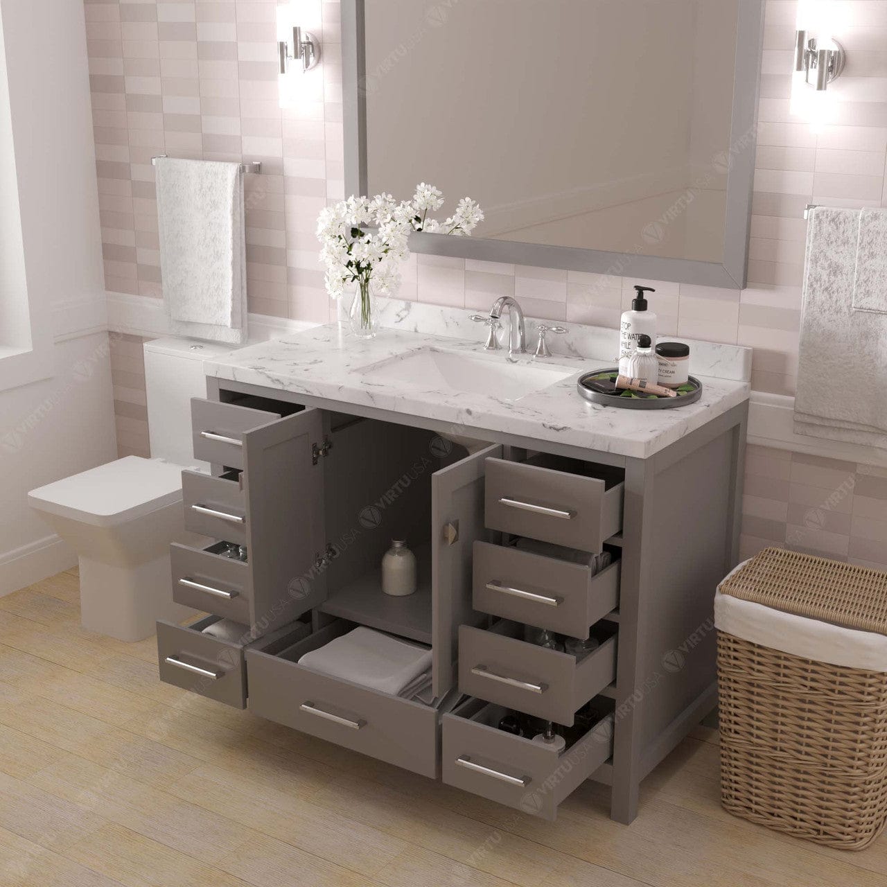 Caroline Avenue 48" Single Bath Vanity in Cashmere Gray with Quartz Top and Sink open drawers
