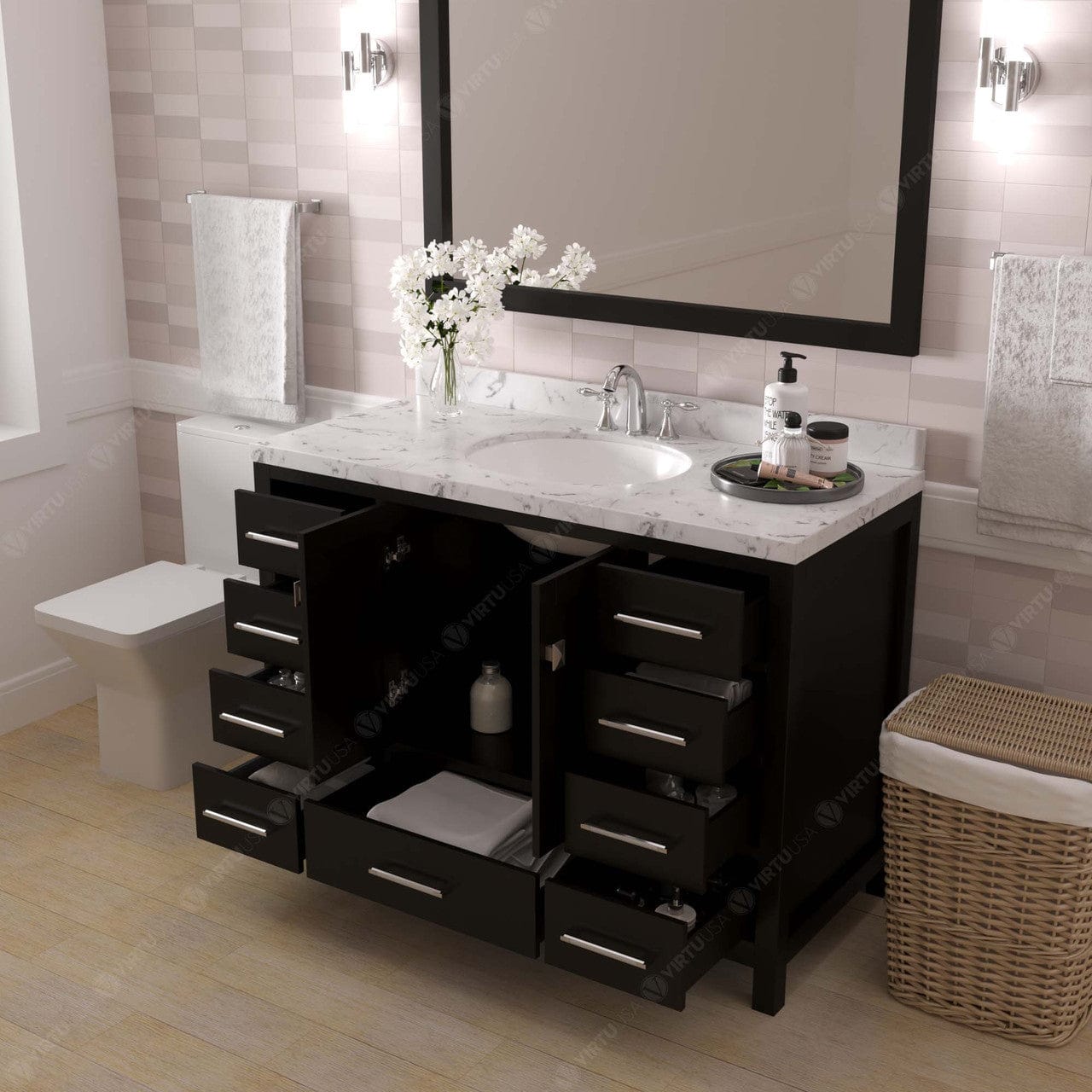 Caroline Avenue 48" Single Bath Vanity in Espresso with Quartz Countertop drawers open