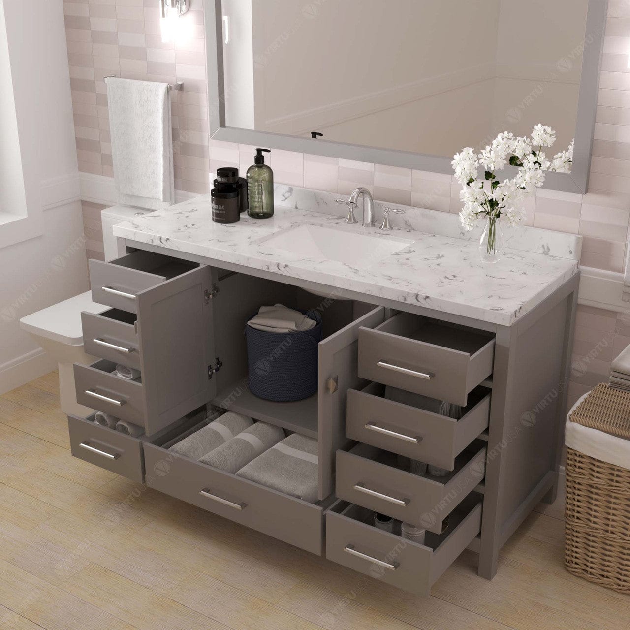 Caroline Avenue 60" Bathroom Vanity in Cashmere Gray with Quartz Countertop drawers open