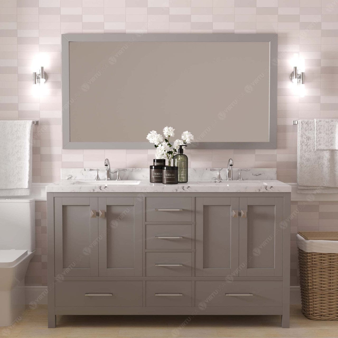 Caroline Avenue 60" Bathroom Vanity in Gray with Quartz Countertop front view