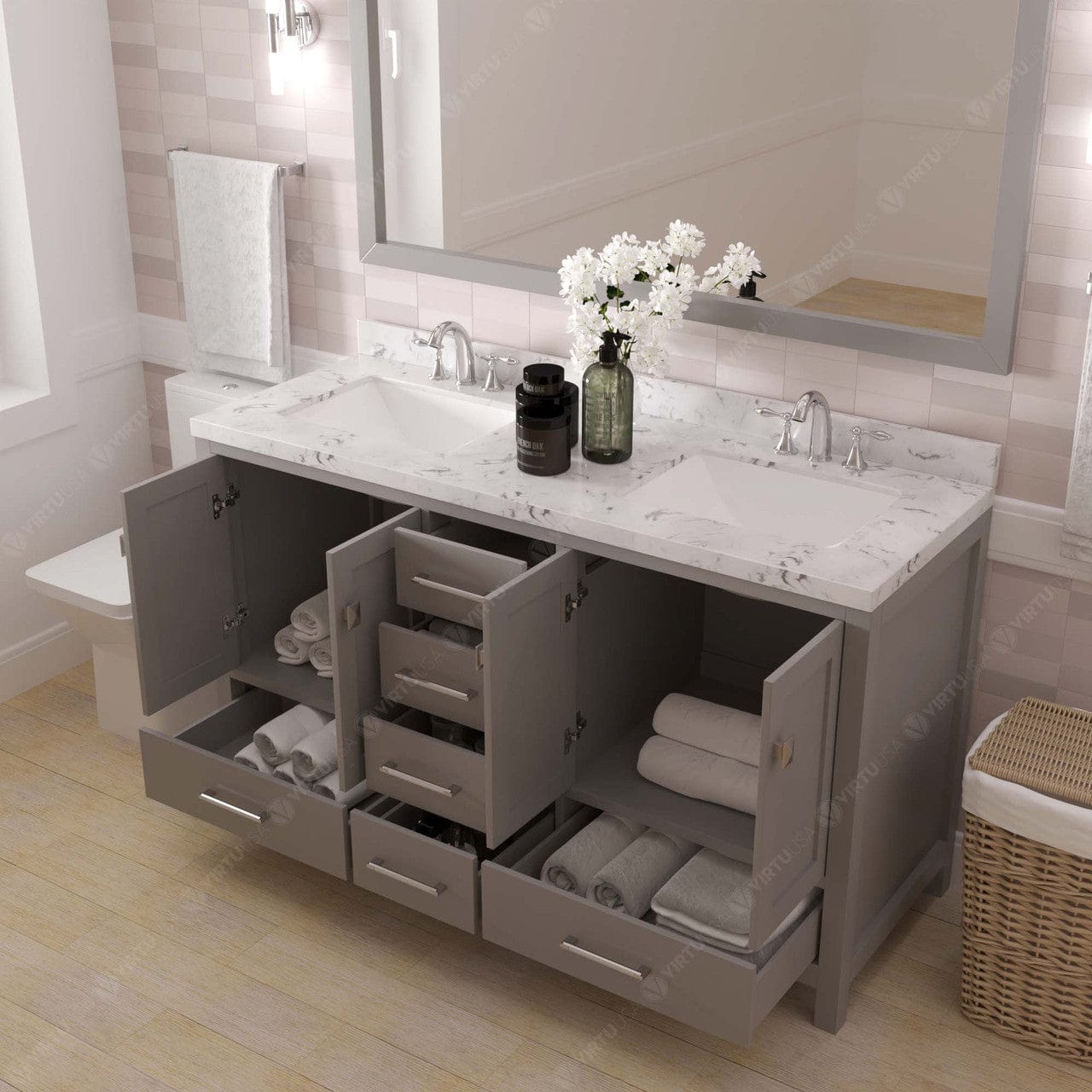 Caroline Avenue 60" Bathroom Vanity in Gray with Quartz Countertop drawers open