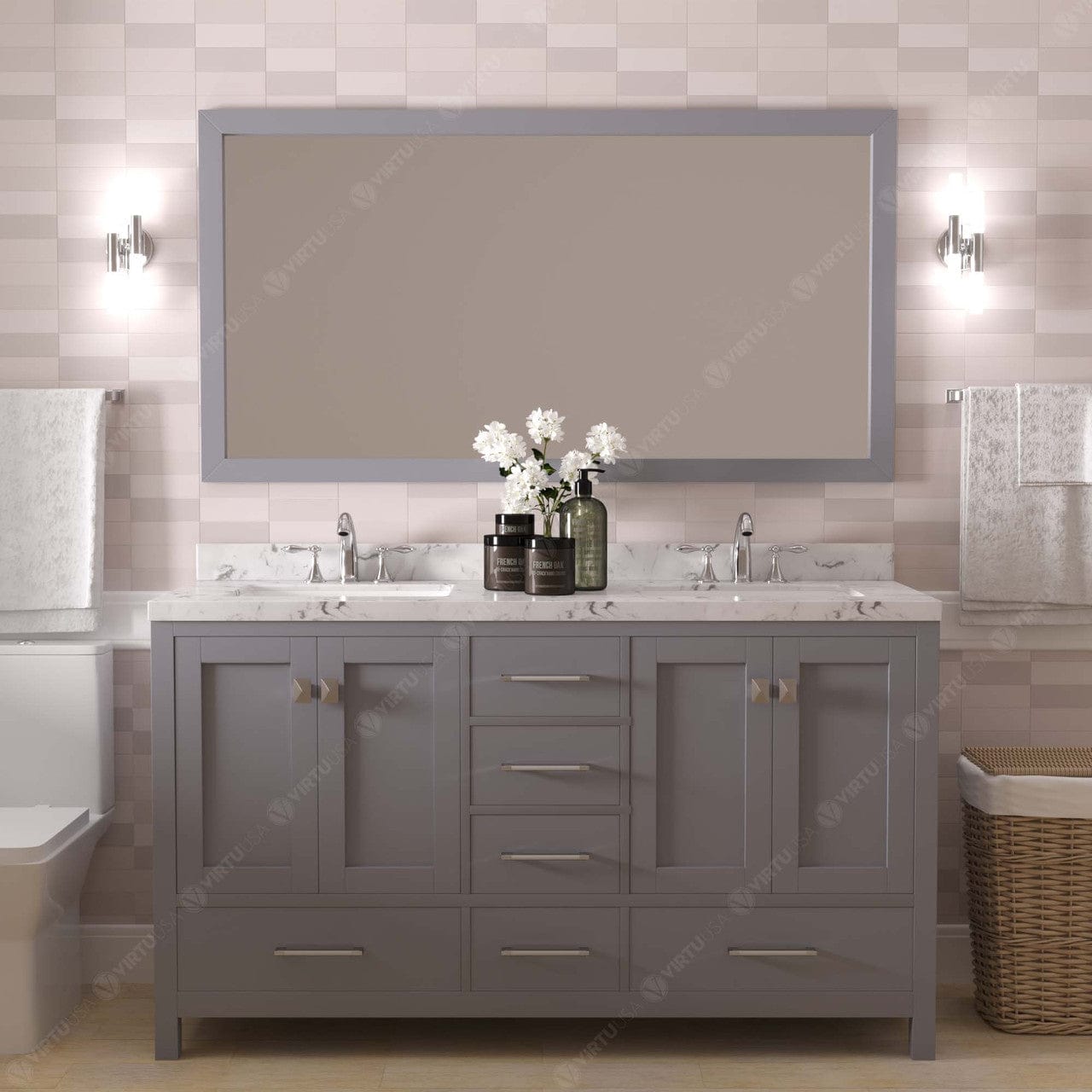 Caroline Avenue 60" Bathroom Vanity in Gray with White Quartz Countertop front view