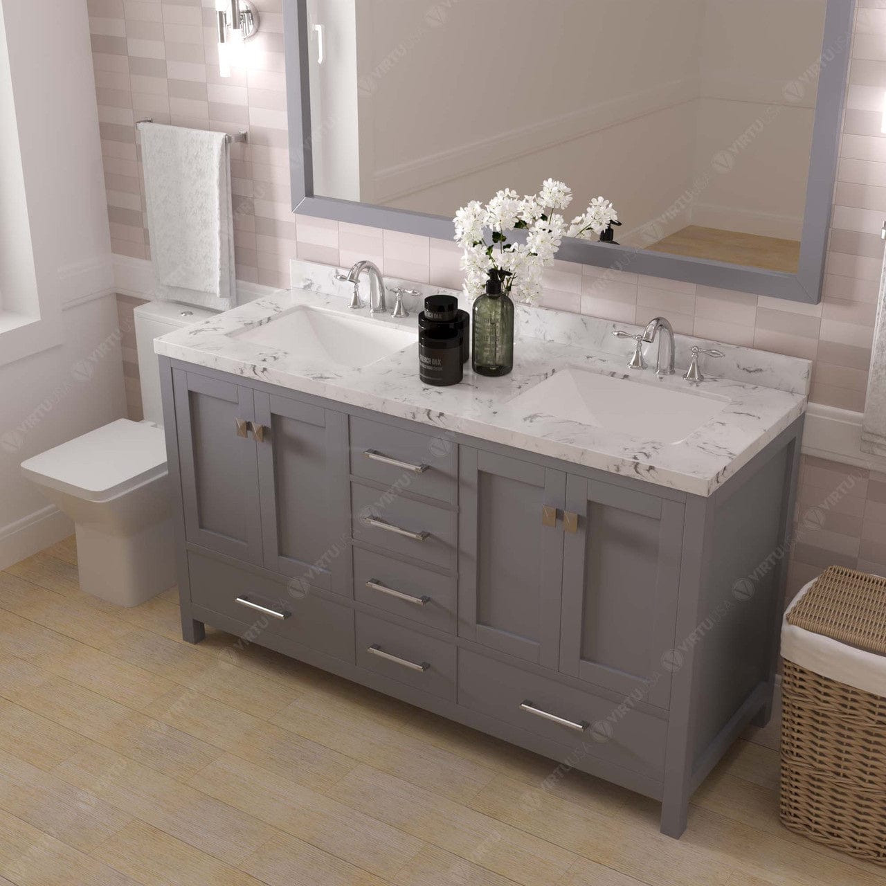 Caroline Avenue 60" Bathroom Vanity in Gray with White Quartz Countertop side view