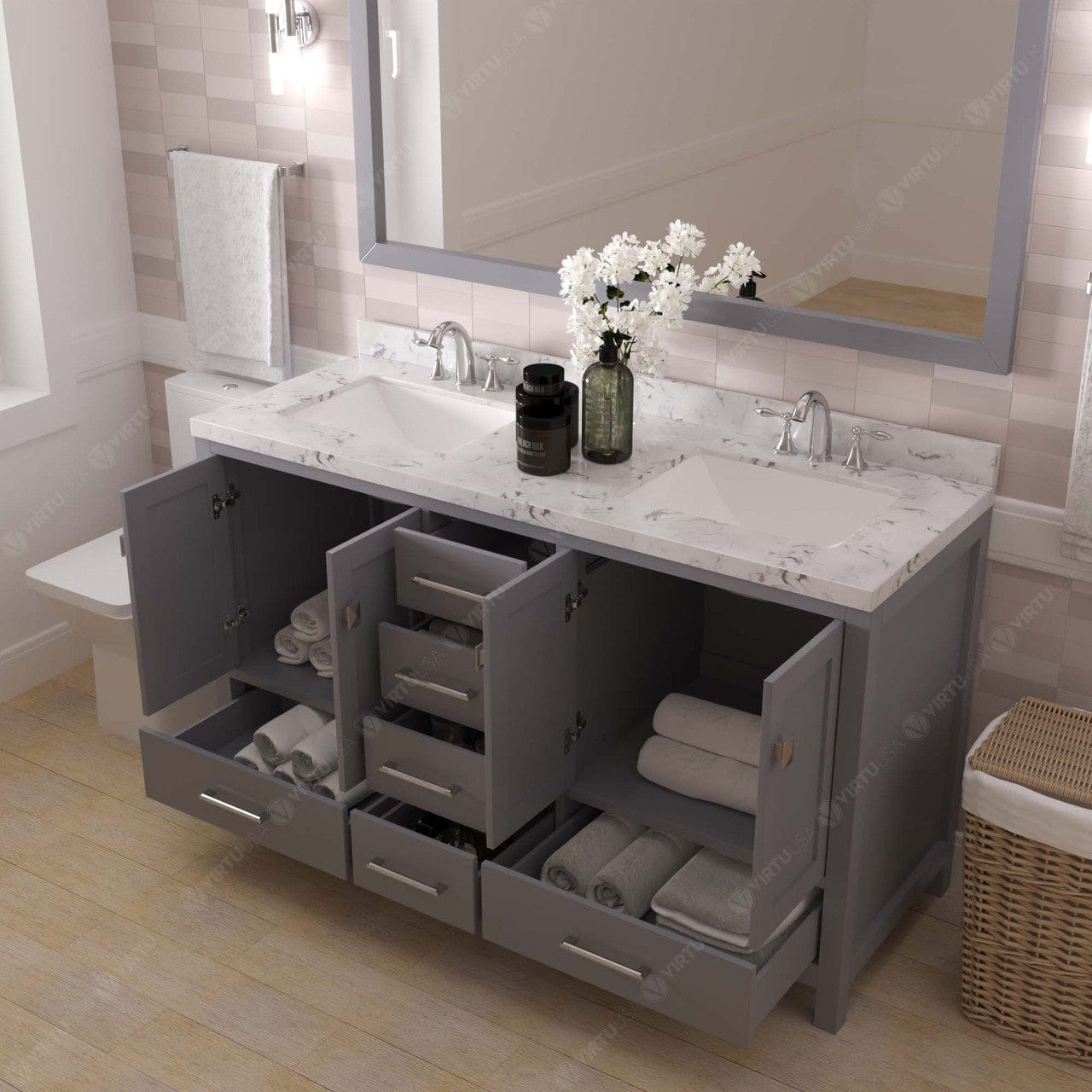 Caroline Avenue 60" Bathroom Vanity in Gray with White Quartz Countertop drawers open