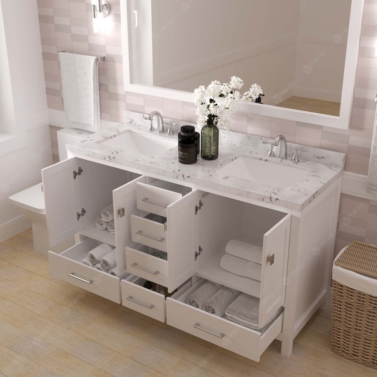 Caroline Avenue 60" Bathroom Vanity in White with White Quartz Countertop drawers open