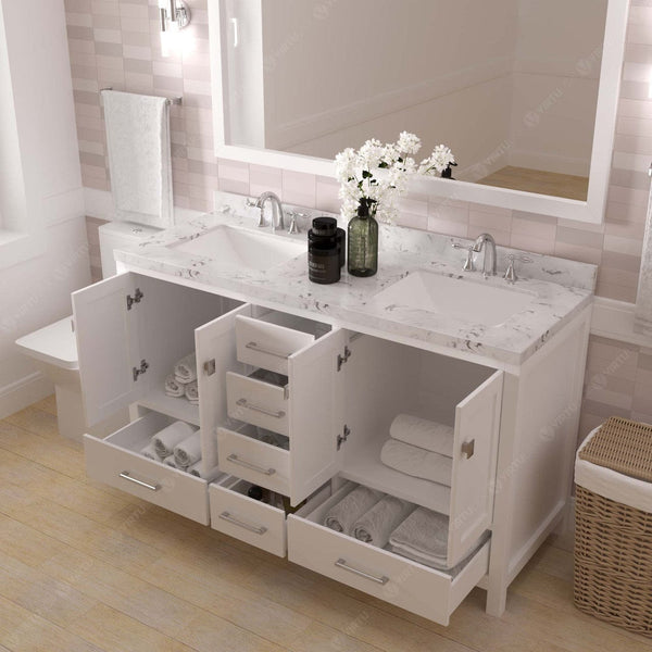 Caroline Avenue 60 Bathroom Vanity in White with White Quartz Countertop drawers open