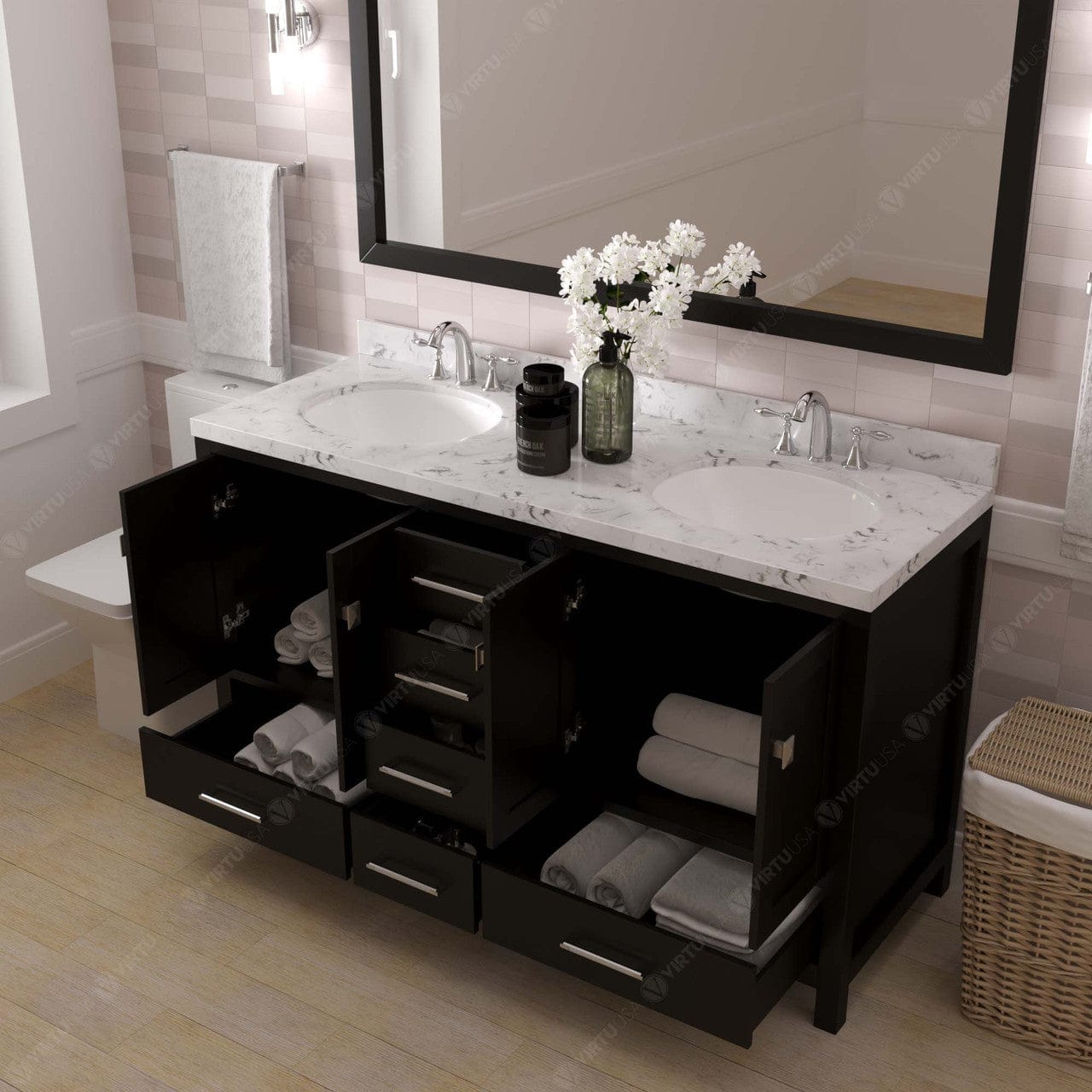 Caroline Avenue 60" Double Bath Vanity in Espresso with Quartz Top drawers open