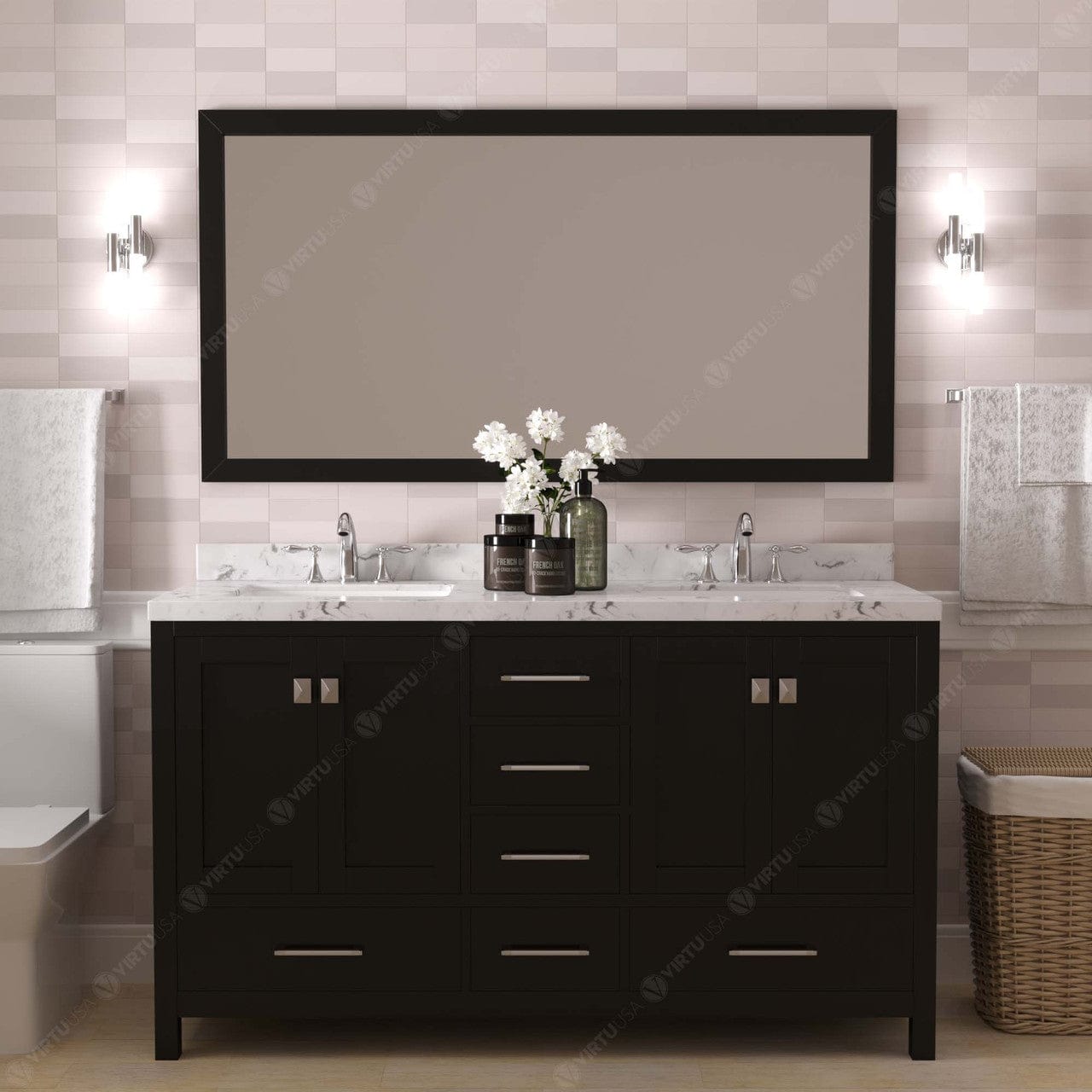 Caroline Avenue 60" Double Bath Vanity in Espresso with Quartz Top and Sinks front view