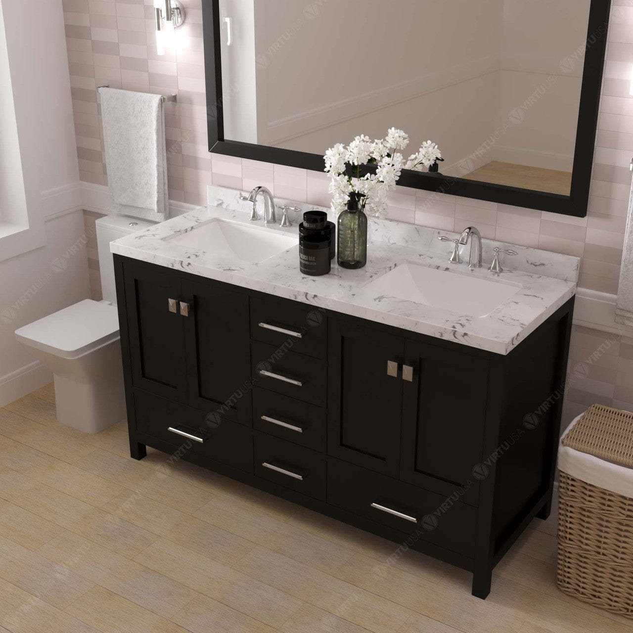 Caroline Avenue 60" Double Bath Vanity in Espresso with Quartz Top and Sinks side view