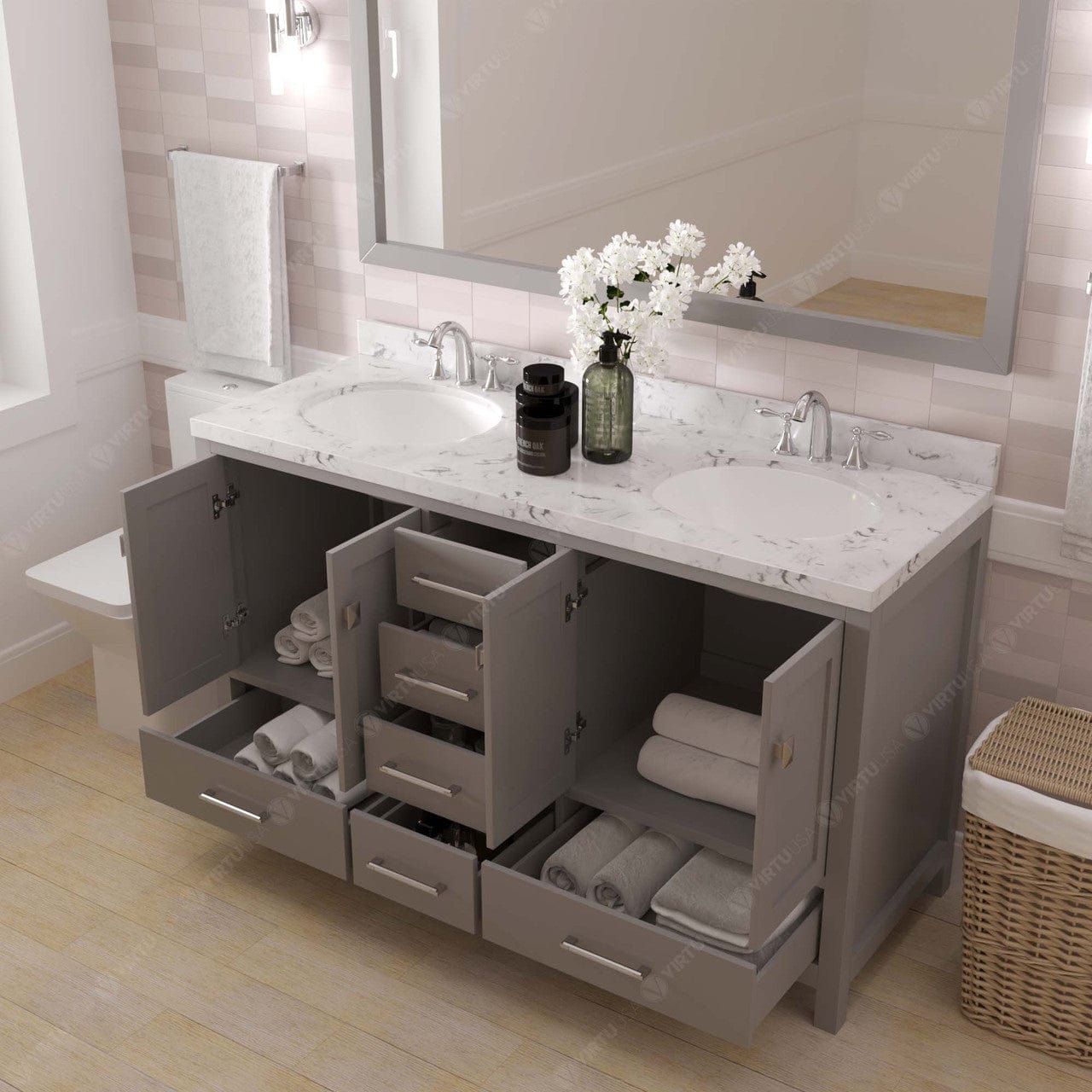 Caroline Avenue 60" Double Bath Vanity in Gray with Quartz Countertop drawers open
